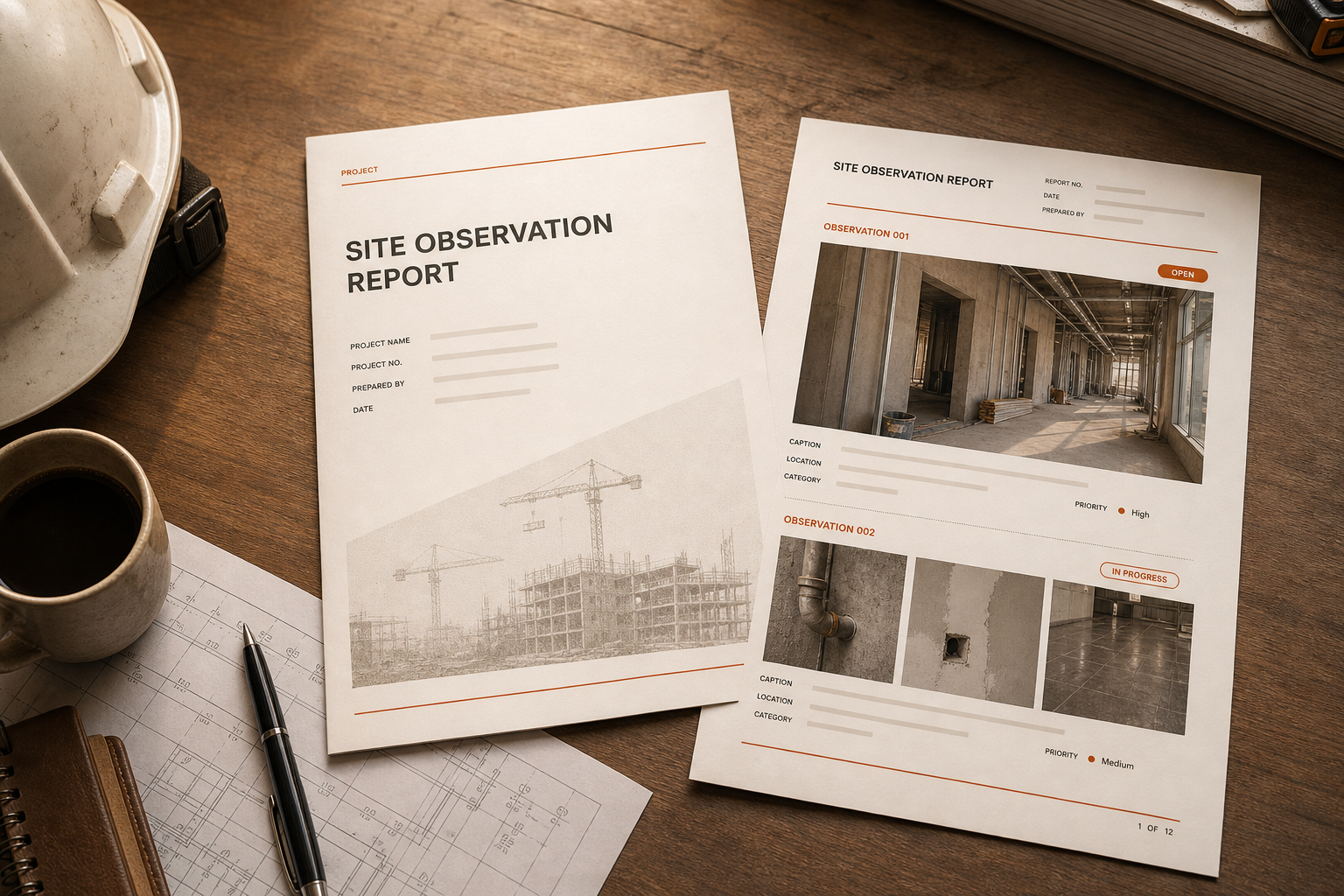 Printed SOR site observation report on a desk